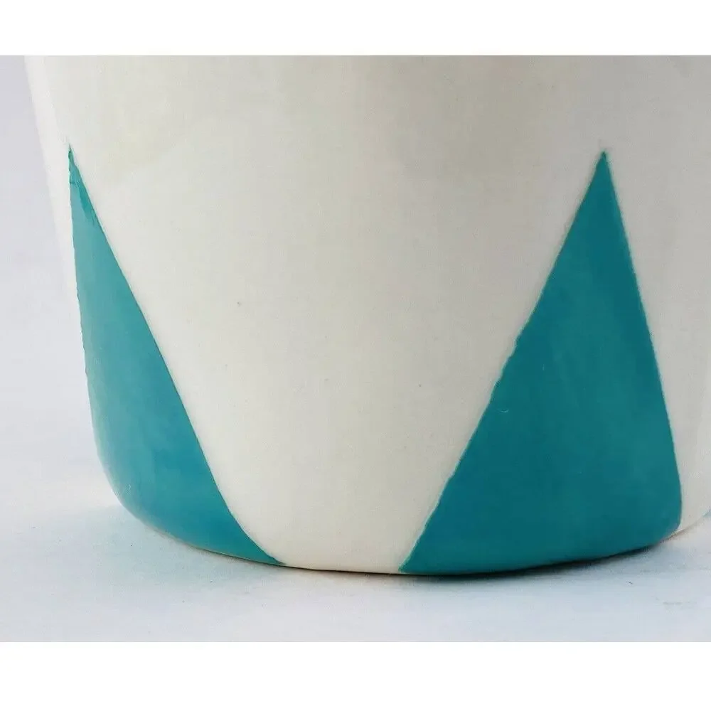 STORYTELLER ARTS Graphic Pitcher Pot Triangles Rare Turquoise Hand Painted 6.5